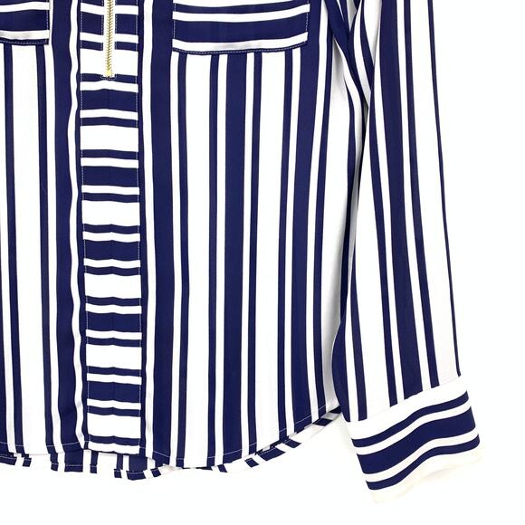 Express Popiver Blouse Womens XS Blue White Striped Print Long Sleeve Zip Front - Picture 4 of 6